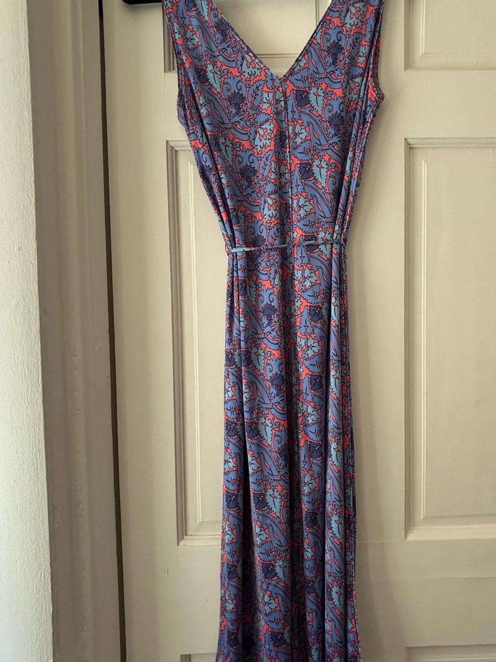 Tory Burch Blue & Coral Sleeveless V-Neck Midi Dress